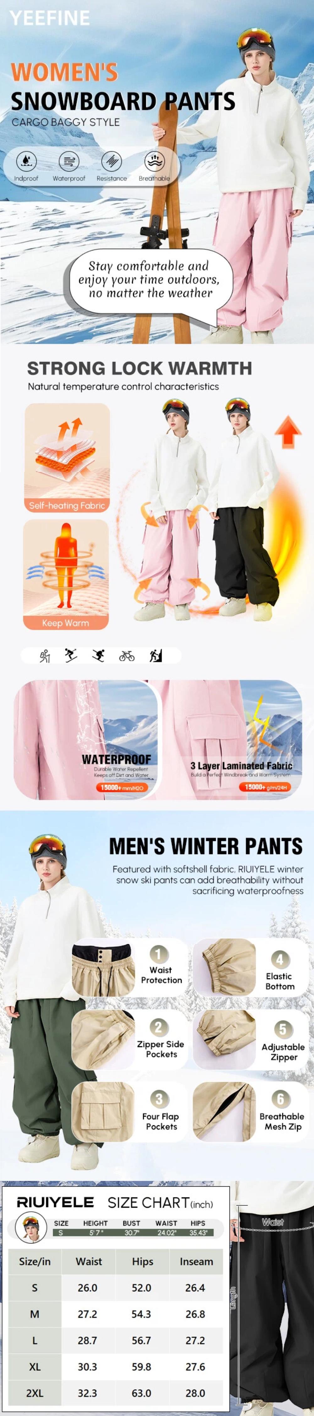 YEEFINE Women's Baggy Snow Pants Insulated Cargo Skiing Waterproof Snowboard Winter Outdoor Sports Hiking Pants for Skiing and Hiking