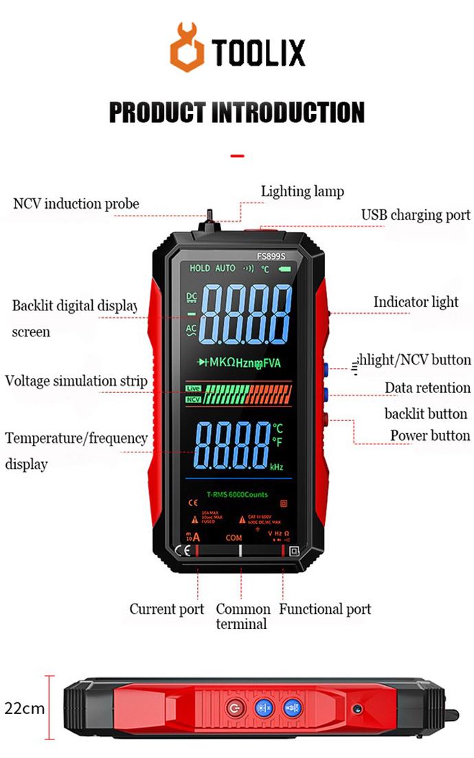 6000 Count True RMS Digital Multimeter with Auto-Ranging – Professional Voltage & Current Tester for Home, Auto, and Industrial Use. TOOLIX.smart digital multimeter,