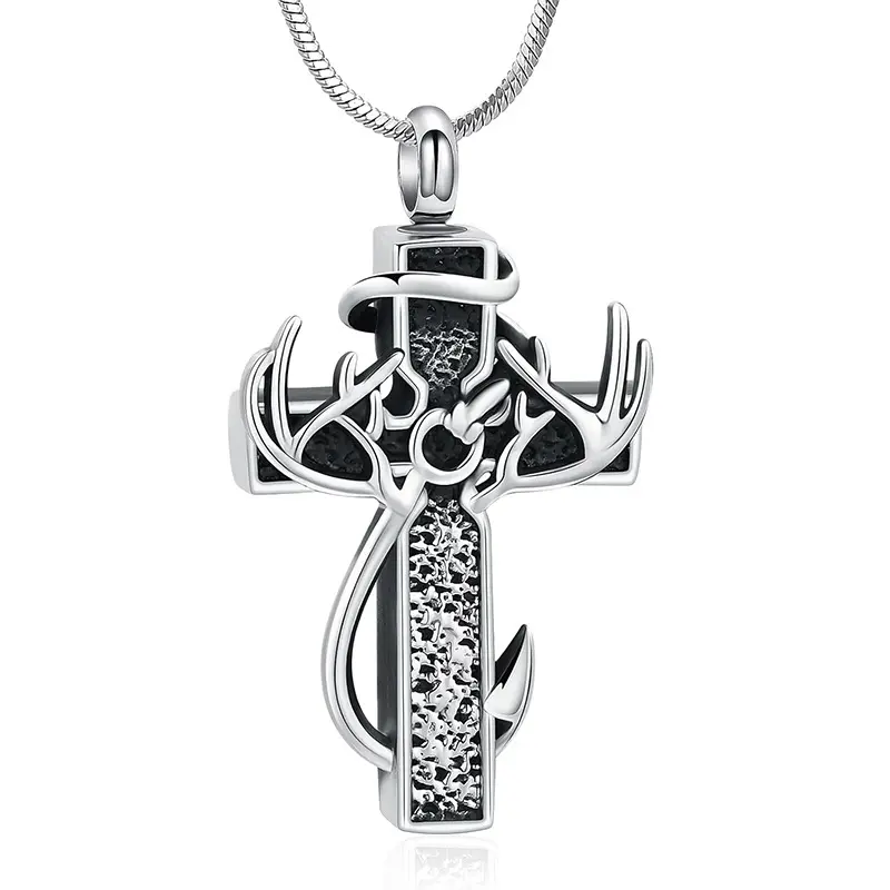 Cross antler necklace, special version can hold ashes,Autumn New Arrival, graduation gift, boys American cross antler necklace stainless steel chain, inspirational Bible verse cross pendant, personalized Christian gift for men