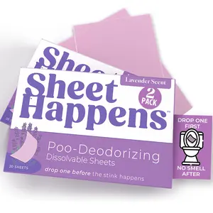 Sheet Happens Pre-Poo Toilet Sheets, Lavender Field Scent, 2 Pack, 40 Dissolvable Odor Stopping Sheets, Septic Safe - Purple Box