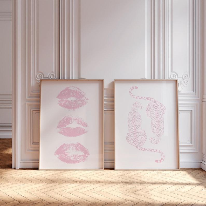 Pink Cheetah Wall Print Trendy Pink Gallery Set Of 2 Kiss Lips Wall Art Apartment Decor Preppy Room Decor College Dorm Leopard Poster Girly