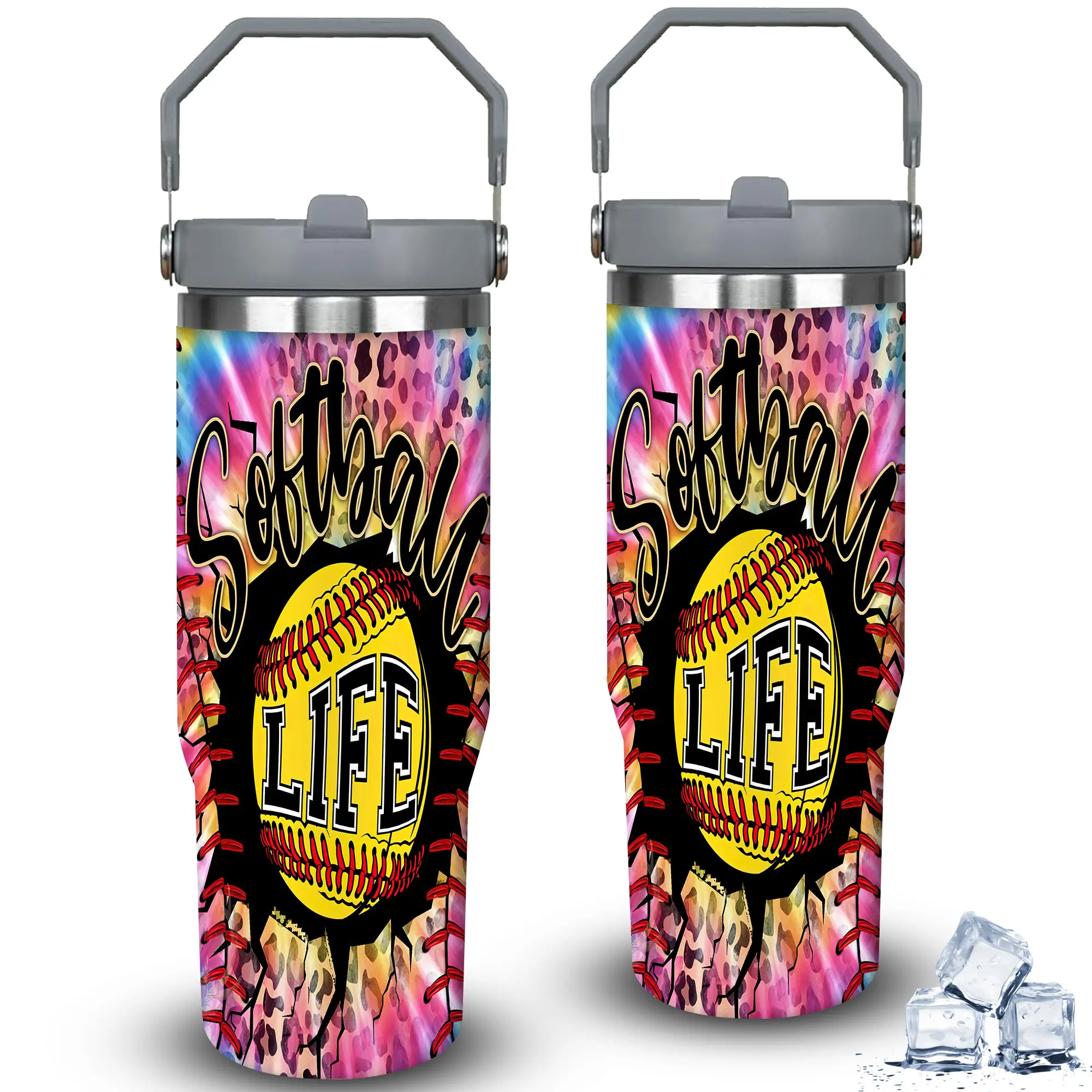 30oz Stainless Steel Softball-Themed Insulated Flask Tumbler - Portable Wide Mouth Drinkware with Flex-Handle, Straw, Lid & Ice Cube Compatibility, Ideal Gift for Softball Coaches