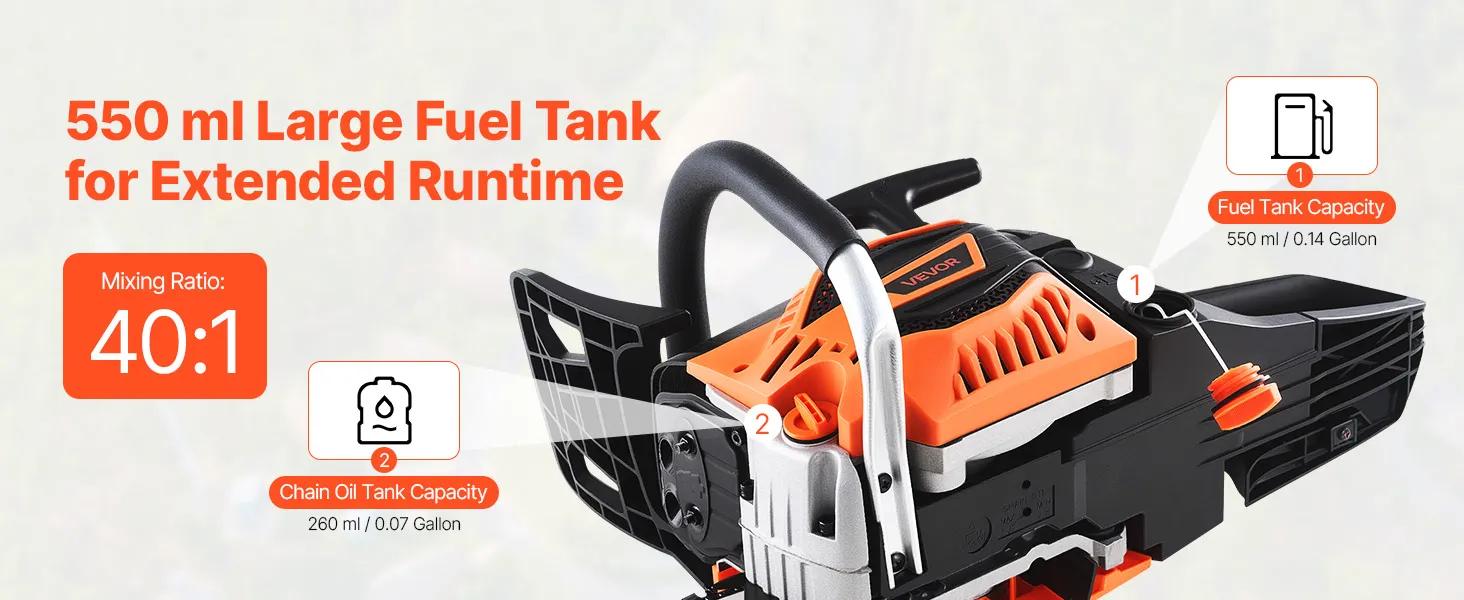 VEVOR 62 cc Gas Chainsaw 20 inch 3.8 HP Power Chain Saw with Non-Slip Handle Dual Fuel Tanks for Wood Cutting Tree Trimming Land Clearing