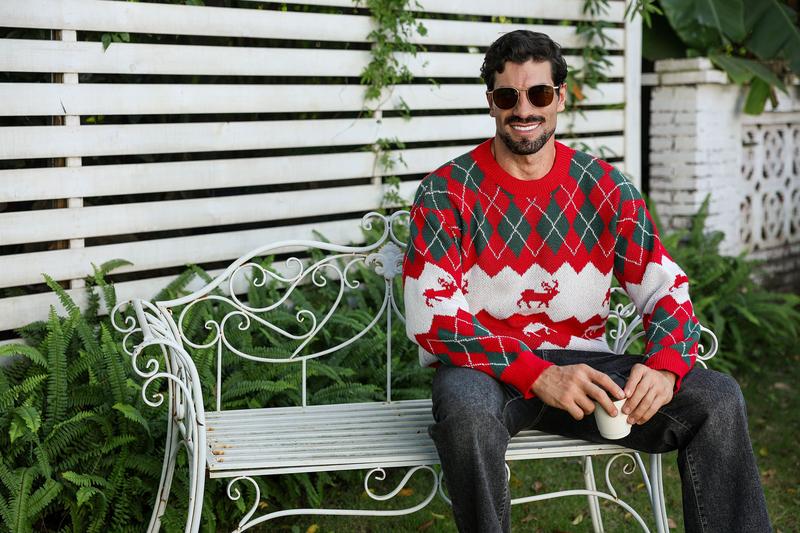 HYPESTFIT Unisex Christmas Elk Pattern Knit Sweater Fitted Crewneck Long Sleeve Pullover for Couples Festive Winter Outfit Cozy Knitwear Medium