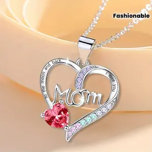 "I Love You Mom" Heart Pendant Necklace with Acrylic Accents, Alloy Chain, White K-Plated, Fashionable Jewelry Gift for Women Over 15 - Eternal Sparkle Collection