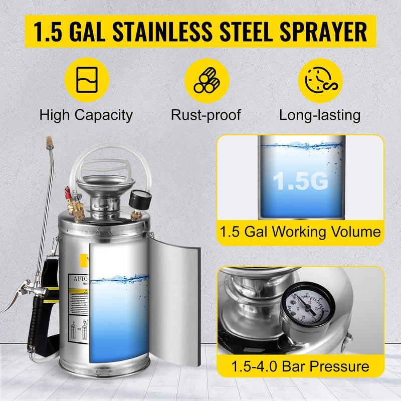 VEVOR Stainless Steel Sprayer, Set with Wand& Handle& Reinforced Hose, Hand Pump Sprayer with Pressure Gauge&Safety Valve, Adjustable Nozzle Suitable for Gardening& Sanitizing