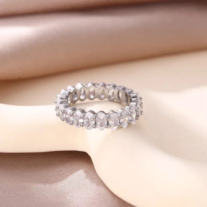 Women's Oval Cut CZ Eternity Ring, Full Paved Oval Zircon Stackable Band Ring, Trendy Silver Tone Statement Ring For Wedding Party Daily Wear