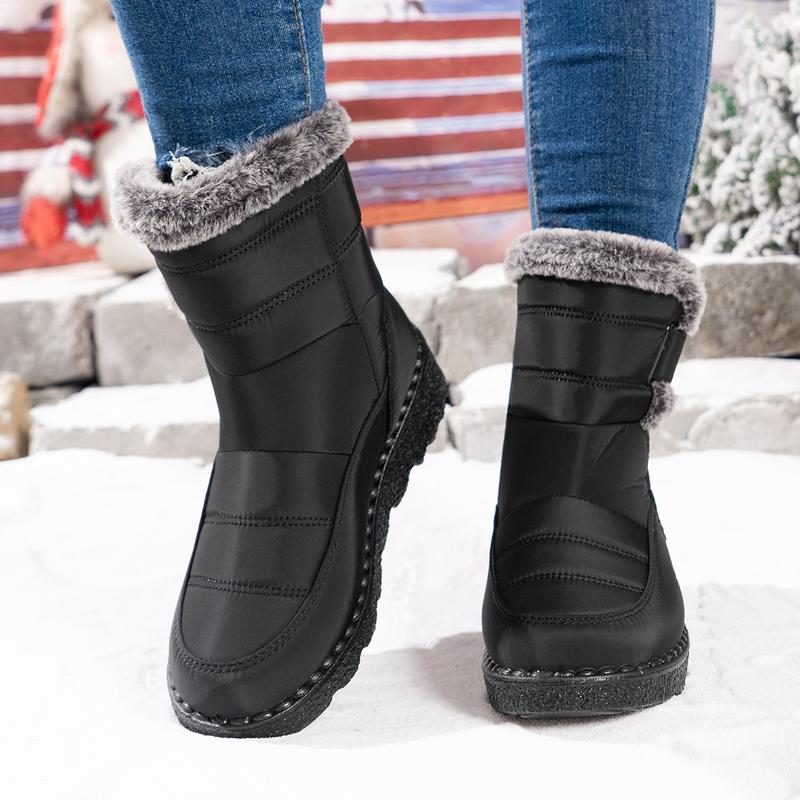Winter Snow Boots for Women Fur Lined Warm Waterproof Slip On Booties with Breathable Fur Lining Slip Resistant Sole Black Oxford Cloth Upper Velcro Closure Outdoor Booties for Camping Walking