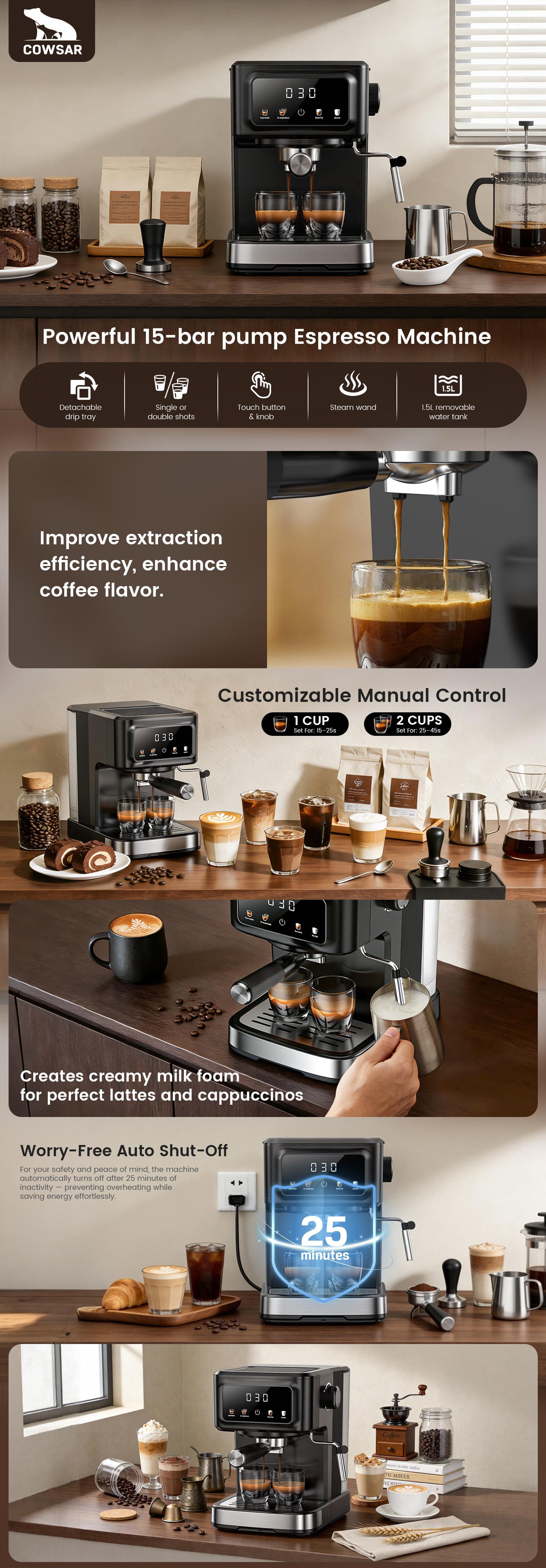 COWSAR Espresso Machine 15-Bar Expresso Coffee Machines with Auto Milk Frother, Cafeteras Electricas Modernas 50oz Removable Water Reservoir Gift for Women or Men for Making Lattes & Cappuccinos