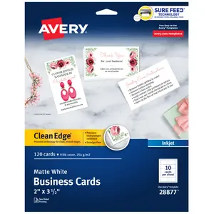 Avery Clean Edge Printable Business Cards with Sure Feed Technology, 2" x 3.5", White, 120 Blank Cards for Inkjet Printers (28877)