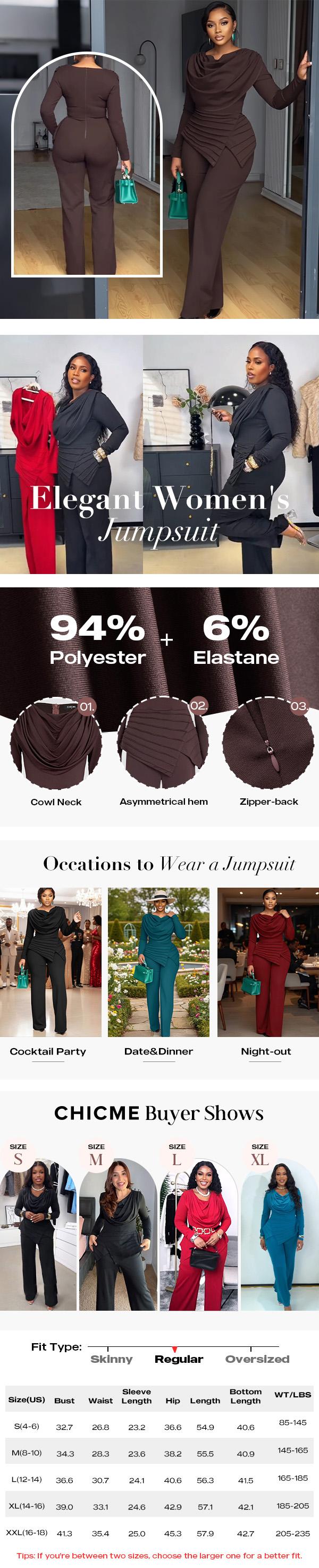 CHICME Cowl Neck Asymmetrical Patchwork Ruched Jumpsuit Wedding Guest Wedding Casual Cinched Waist Zipper Back Straight Leg Jumpsuit