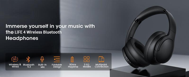 Mokata22 Bluetooth Headphones Over Ear, 90H Playtime, Bluetooth Wireless Headphones, 3 EQ Modes, Built-in HD Mic,  Electronic Headset OverEar comfort wearables Multi-Platform Gaming quiet immersive bass audifonos earpieces- play time Audio Black