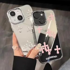 Cute mirror-finish back cover for iPhone 16 Pro Max/Popular Minimalist Style iPhone 15 Pro/15/16 Plus/14/13/12/11, featuring pink cross-hatch patterns A shock-resistant protective case designed for female users