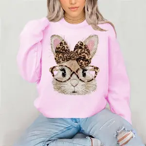 Leopard Bow Bunny Sweatshirt/Hoodie/T-Shirt, Cute Rabbit Face Glasses Graphic Hoodie, Trendy Easter Spring Bunny Classic Tee for Women and Girls