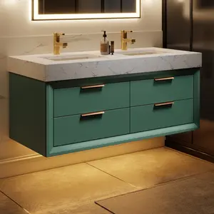 Glam Bathroom Vanity 48" Modern Floating Green Rubberwood Cabinet with Lights and Stone Slab Countertop, Dual Sinks