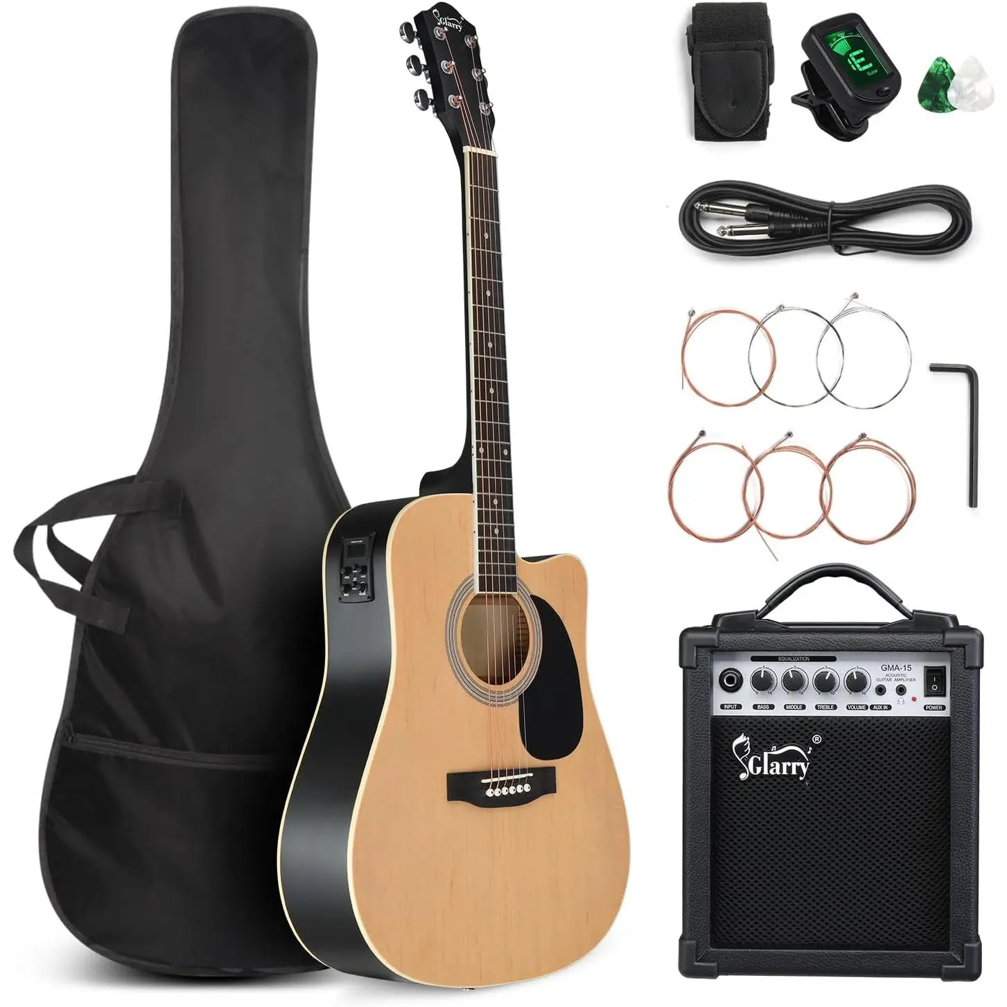 GLARRY Full Size 6 Strings Acoustic Electric Guitar Beginner Kit w/ 15W Amp, Cutaway 41 Inch Electric Acoustic Guitar w/Inbuilt Tuner, Bag, Strap, Picks, Strings, Basswood Guitarra tiktokshopbacktoschool