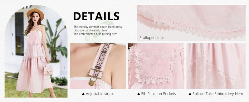 Ebossy Women's Basic Minimalist Sleeveless Laced Embroidered Tulle Bib Dress Casual Loose Adjustable Straps Maxi Dress Womenswear Boho Style