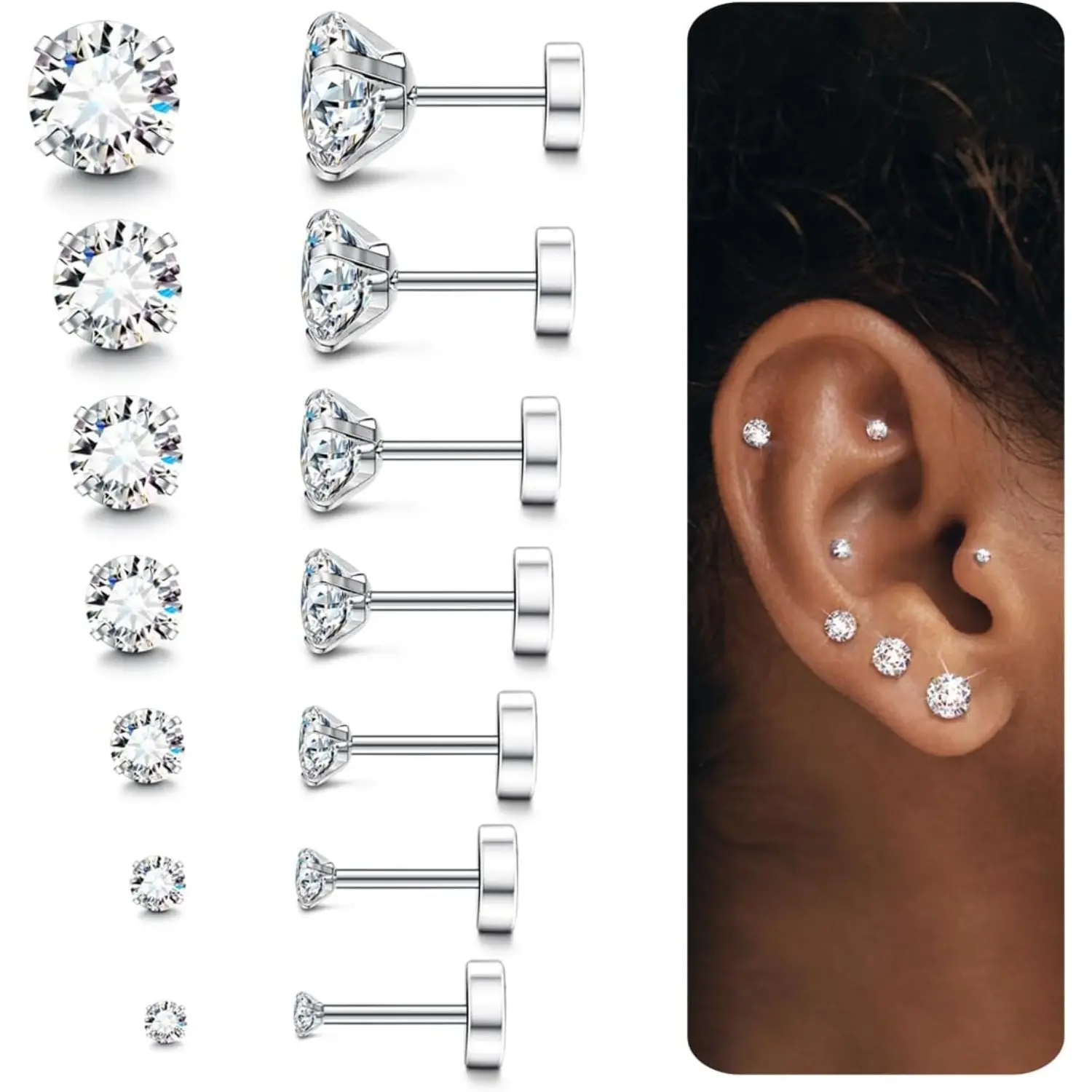 Trendy 7 Pairs  Hypoallergenic Flat Back Earrings for Women Men Silver 14K Plated Gold Stainless Steel Stud Earrings Brithstone  Cubic Zirconia Studs Surgical Steel Cartilage Earrings for Sensitive Ears