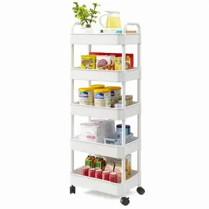 Garvee 5 Tier Storage Trolley Cart on Wheels with Handle, Rolling Storage Cart on Wheels, Kitchen Bathroom Laundry Narrow Space Rack, Space-Saving Mobile Shelving Organizer, 41*21*121Cm, White