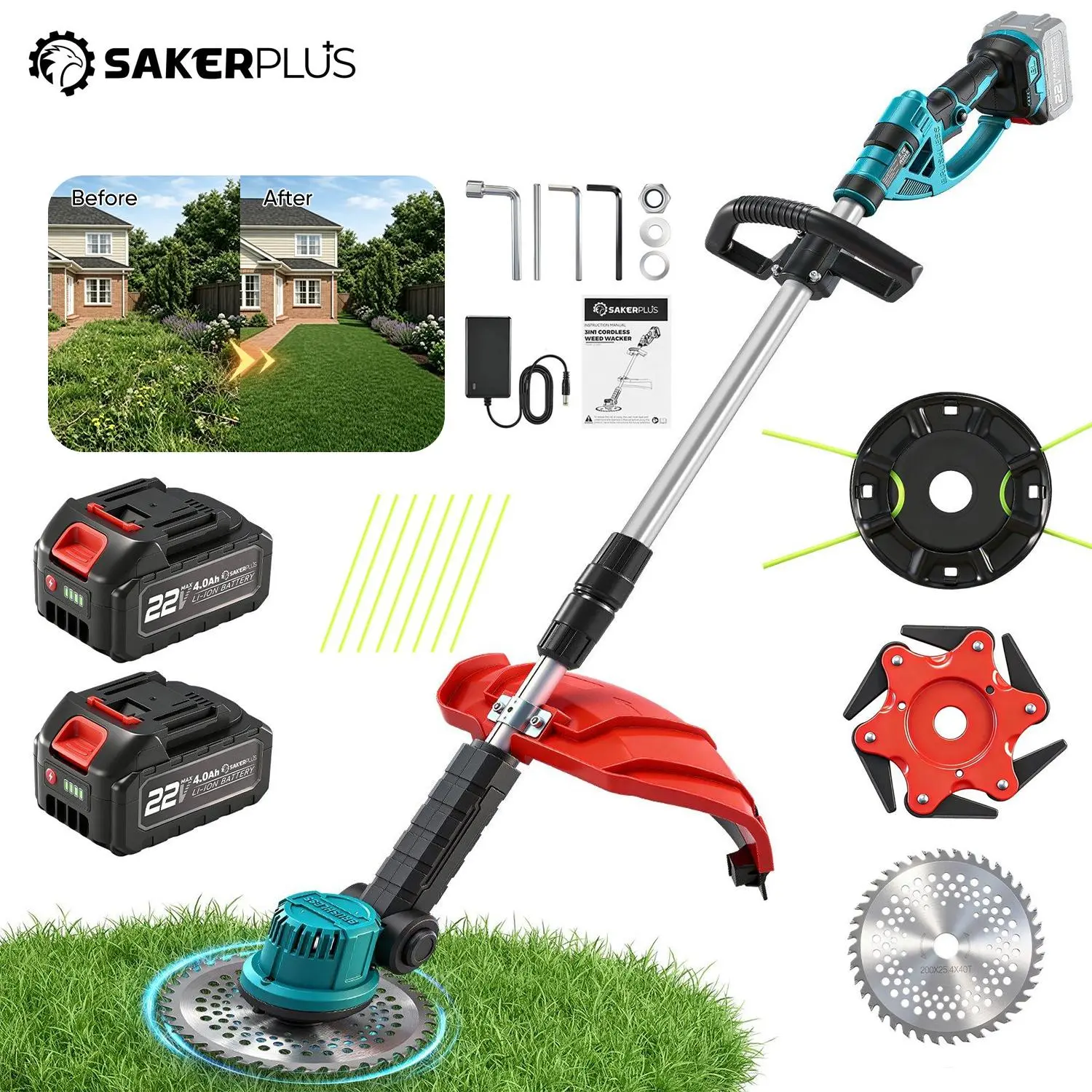 Sakerplus 3-in-1 Trimmer Pro with 2 Batteries + 24pcs Kit  Adjustable Length & 3 Blade Types for Lawn & Garden Maintenance Cordless Portable Design