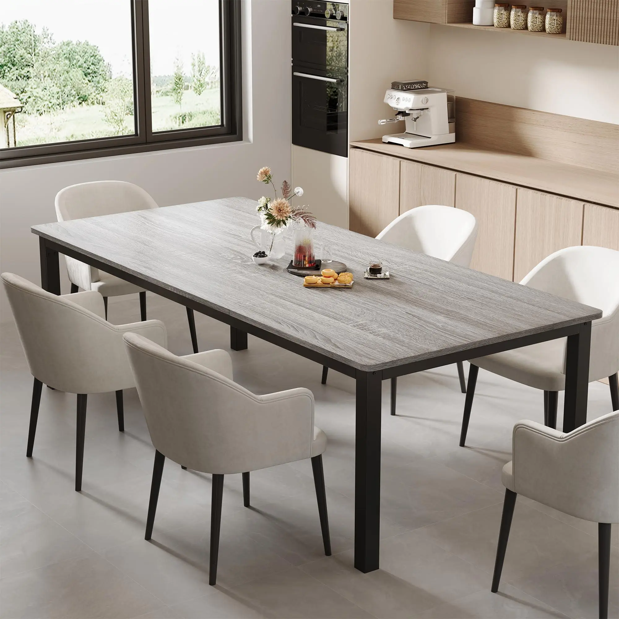 78.7 in Industrial Dining Table for 6, Wooden Long Dinner Table with Mortise Tenon Design, Kitchen Table with Sturdy Metal Legs,for Dining Room, Grey