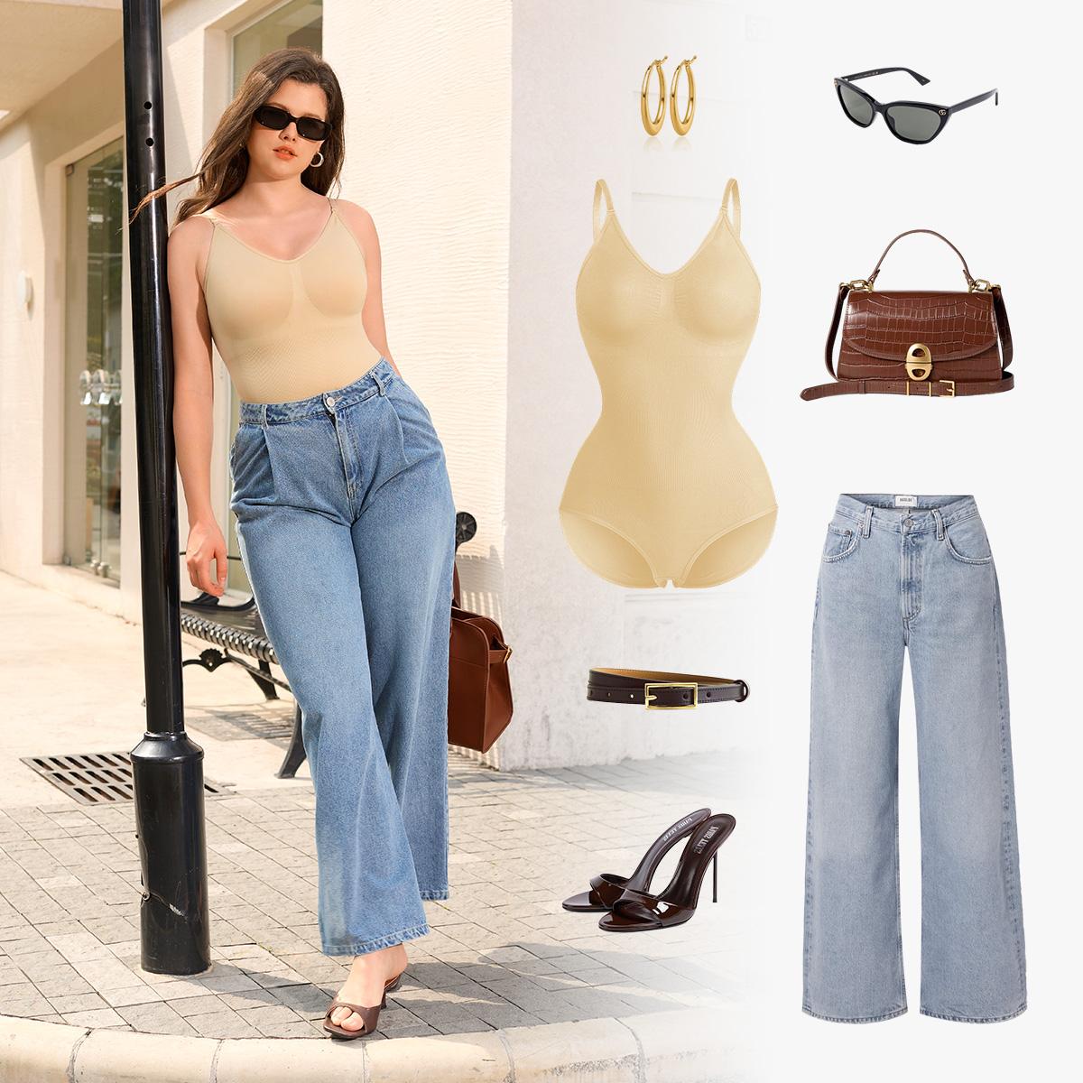 【LIVE】Nebility Women's 3-Piece V-Neck Shapewear Set - Seamless Bodysuit & Camisole, Basic Minimalist Style with Tummy Control & Hip Lift Womenswear