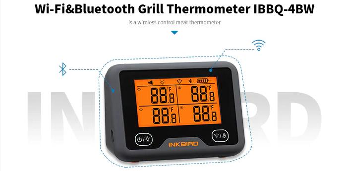 Inkbird meat thermometer, 1 Bluetooth WiFi smart barbecue thermometer, 4 color probes with alarm prompts, kitchen utensils, INKBIRD IBBQ-4BW