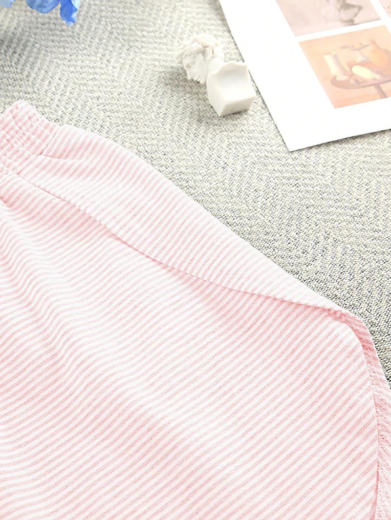 Two-piece set Simple Four Seasons Spring and Summer Contrast Stripes Casual Loose Knit Short Sleeves Tops Side Slits Shorts Home Clothes Set Suitable for Home Use Silk Satin Lace Pajama Set pajamas Striped Beach organic fabric