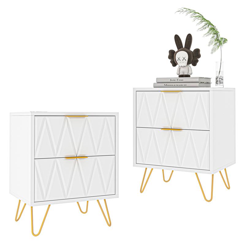2pcs Nightstand Modern Bedside Table with 2 Drawers & Gold Metal Legs, Simple and Elegant Bedside Table,Night Stand Metal Legs for Bedroom Living Room