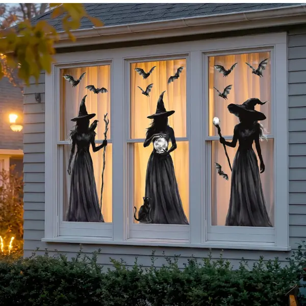 Halloween Window Clings, 3 Sheets Double-Sided Witch Window Decals with Black Cat & Bats, Removable Static Window Stickers for Glass, Home, Indoor Halloween Party Decorations
