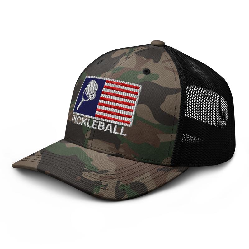 NX Camo US Flag Pickleball Player Embroidered Curved Bill Camouflage Trucker Hat Low Crown Adjustable Paddleball Lover Cap