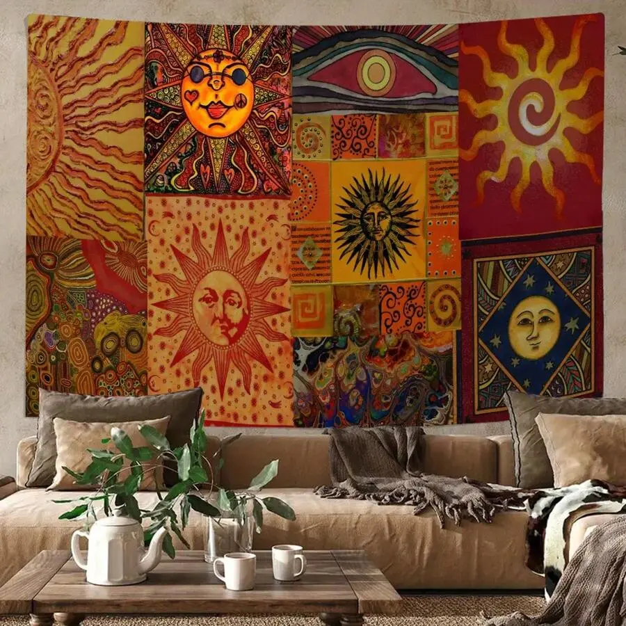 Boho Sun Tapestry with Colorful Abstract Face, Vibrant Retro Wall Hanging, Modern Sun Goddess Bedroom Decor, Warm Tones Aesthetic Room Stuff, Large 79x58 Inch Polyester Tapestry, Minimalist Face Art Wall Banner