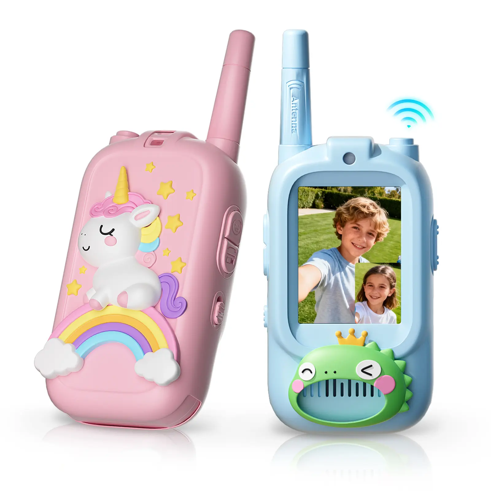 2 Pack Video Walkie Talkies with Screen Display & Voice Changer Rechargeable Radios for Long Range Outdoor Play Camping Travel Hiking Christmas Gifts for Kids Colorful Pink & Blue