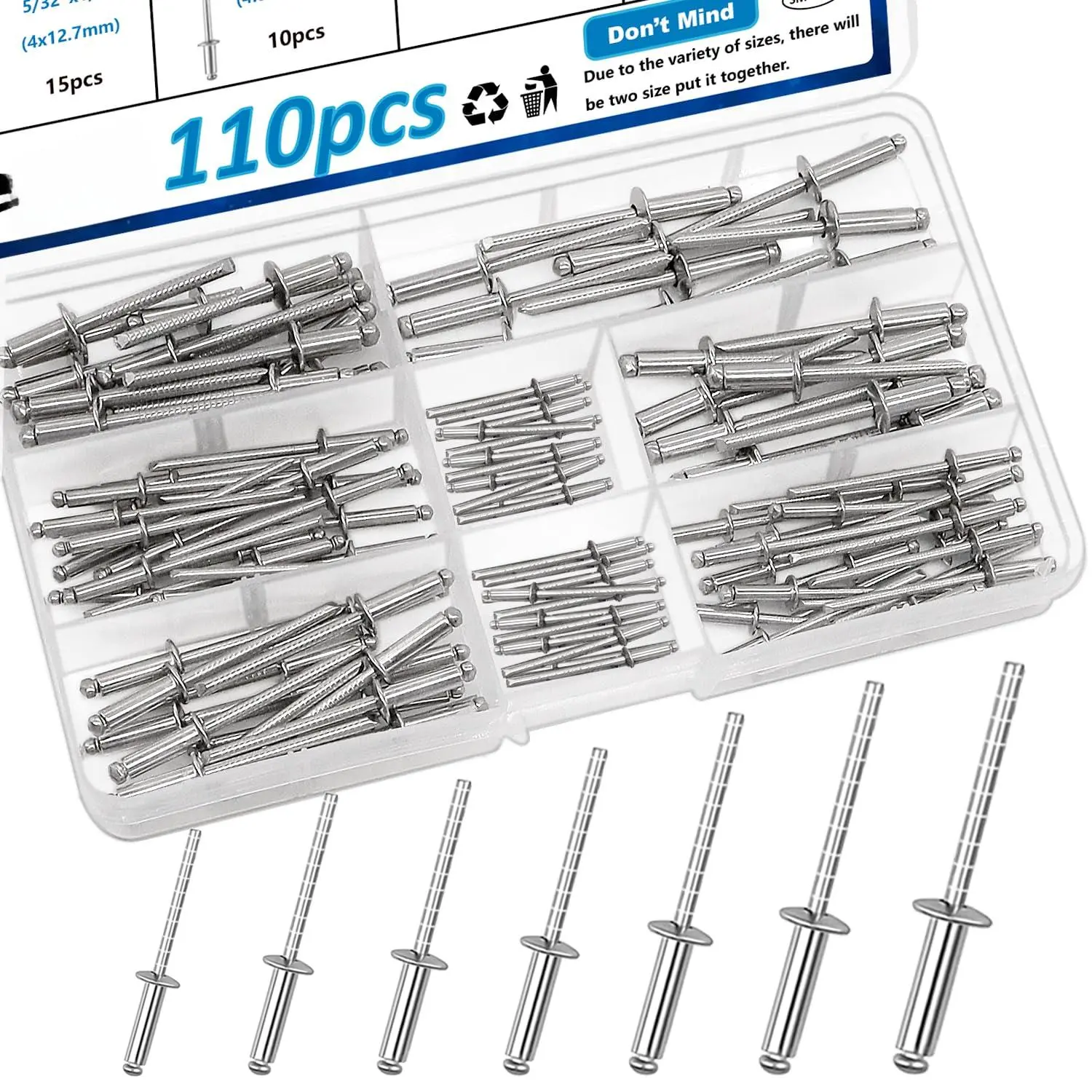 110pcs Steel Rivets 7-Sizes 304 Stainless Pop Assortment Kit 1/8" 5/32" 3/16" Blind kit Rosette Rivet