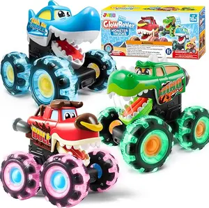 3 Pack Monster Truck Toy - Motion Activated Light Up Cars for Toddlers - Monster Glow Rover LED Wheels - Baby Boy Toys - Press and Go Dinosaur Trucks for Kids Valentines Day Boy Birthday Gifts