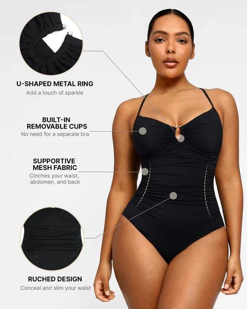 Shapellx Women's Smart Sculpt Shaping Swimsuit U-Ring Cut Out Slimming Swimwear One Piece Tummy Tucking Bathing Suit