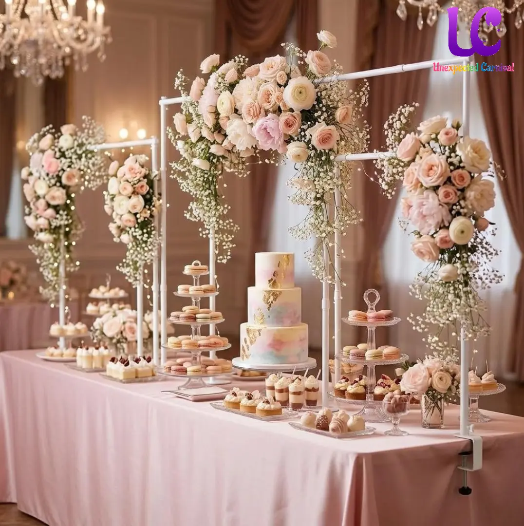 8Ft × 3.5Ft Adjustable White Rod Stand with Clamps - Arch Support, C Stand Backdrop Holder, Floral & Festive Banner Accessory for Wedding, Party Decoration, Floral Arch Festive Banner Holder/Accessories