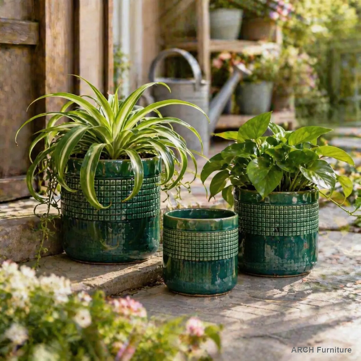ARCH Handmade Green Glazed Ceramic Planter Set of 3, 10" 8" 6" Diameter, Square Grid Pattern, for Succulents & Herbs Indoor/Outdoor Shelf & Table Use, Breathable Clay with Drainage Holes    RR, Handcrafted Sets, Planters For Outside, Outdoor Planters