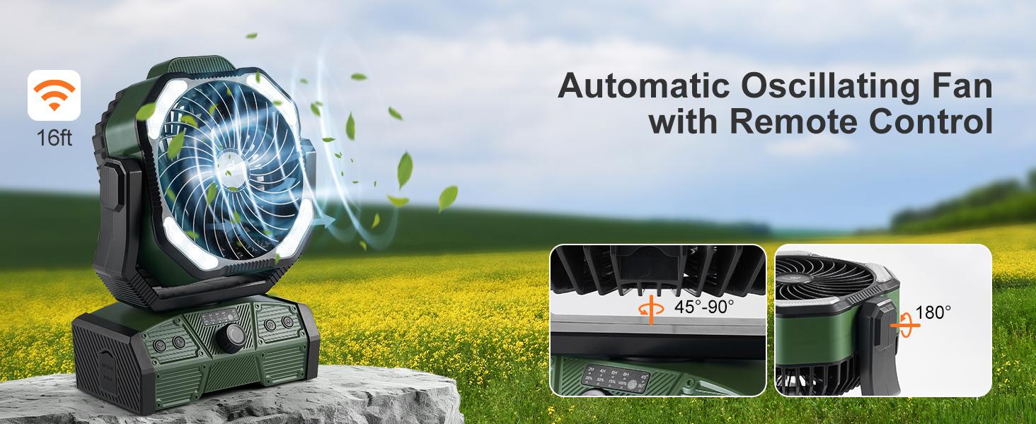 Odoland 40000mAh Camping Fan with LED Light, Battery Operated Oscillating Desk Fan with Remote & Hook, Rechargeable Outdoor Tent Fan with Timer for Hurricane Power Outage Travel Jobsite RV