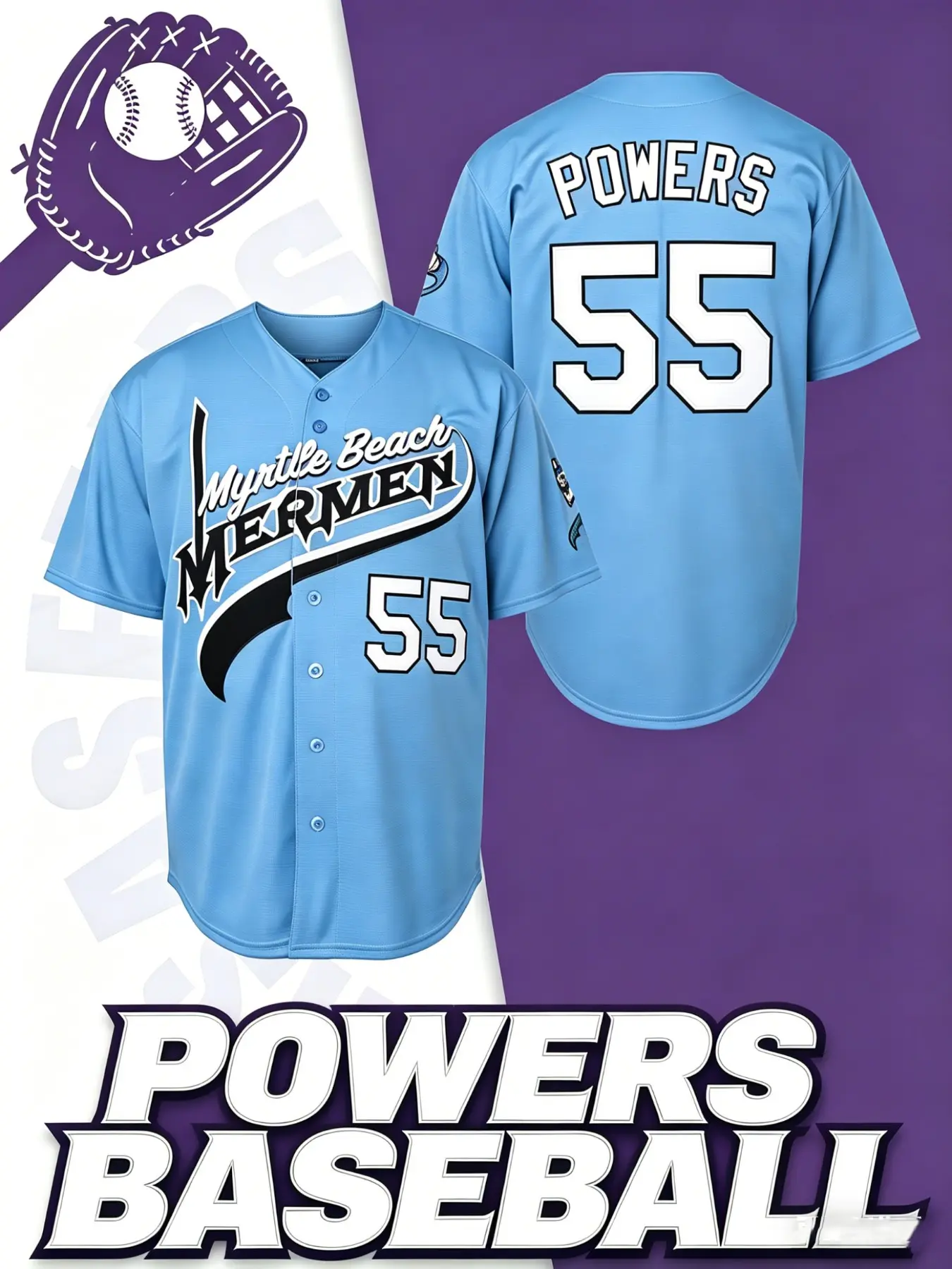 #55 Embroidered Letter Powers  Baseball Jersey, Quick-Dry Short Sleeve, High-Quality, Casual Loose Fit, Spring & Fall, Sports Jersey, Sports Apparel, Sports Clothing