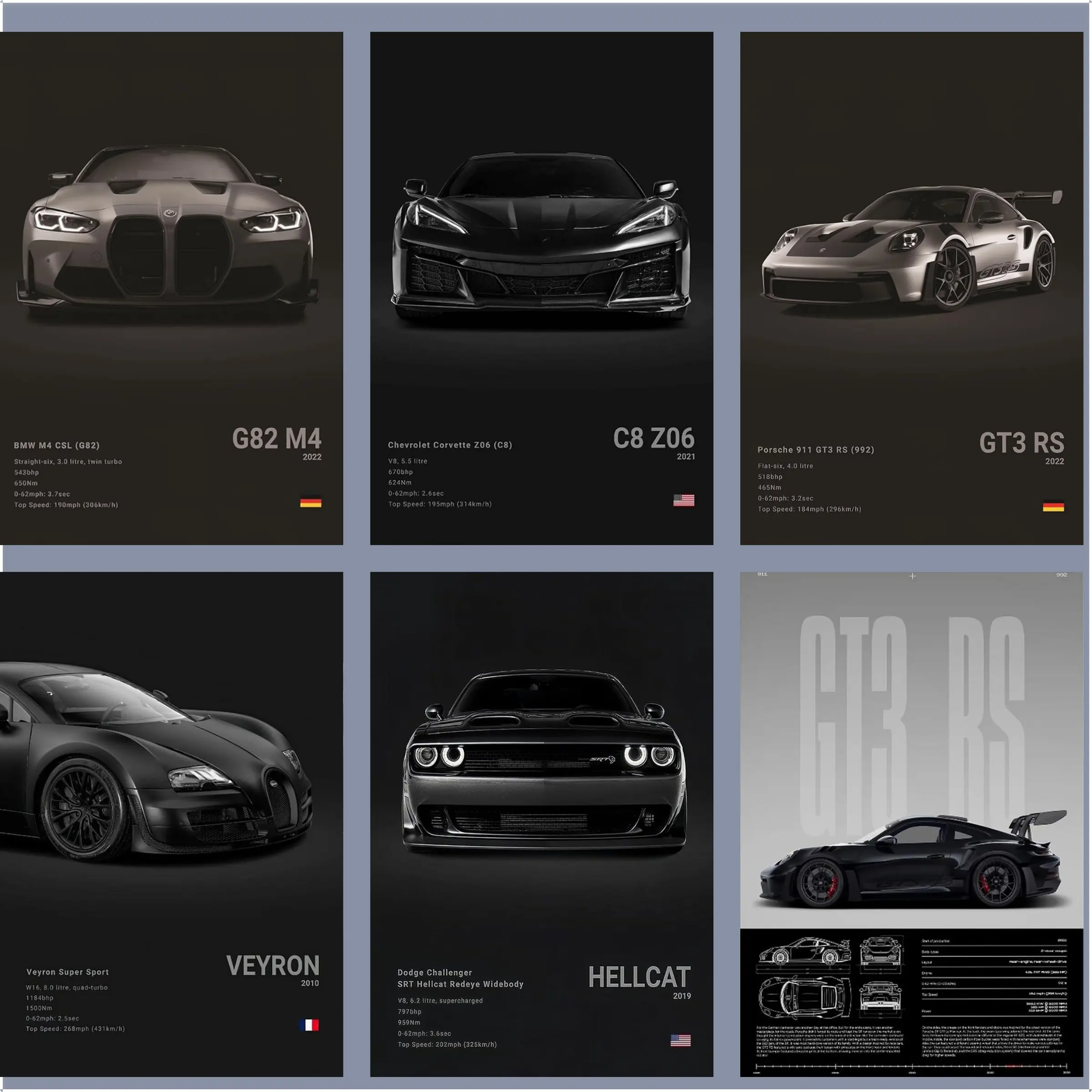 Modern car poster, men's popular supercar wall art, office decoration, home decoration, G82 M4 GT3 RS, Hellcat, Veyron, FXX K high-resolution wall art poster, stylish poster, suitable for living room and bedroom decoration, office wall mural.