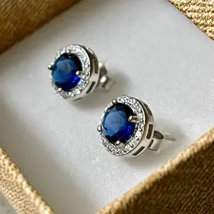 925 Sterling Silver Sapphire and White Topaz Halo Stud Earrings for Women 9MM