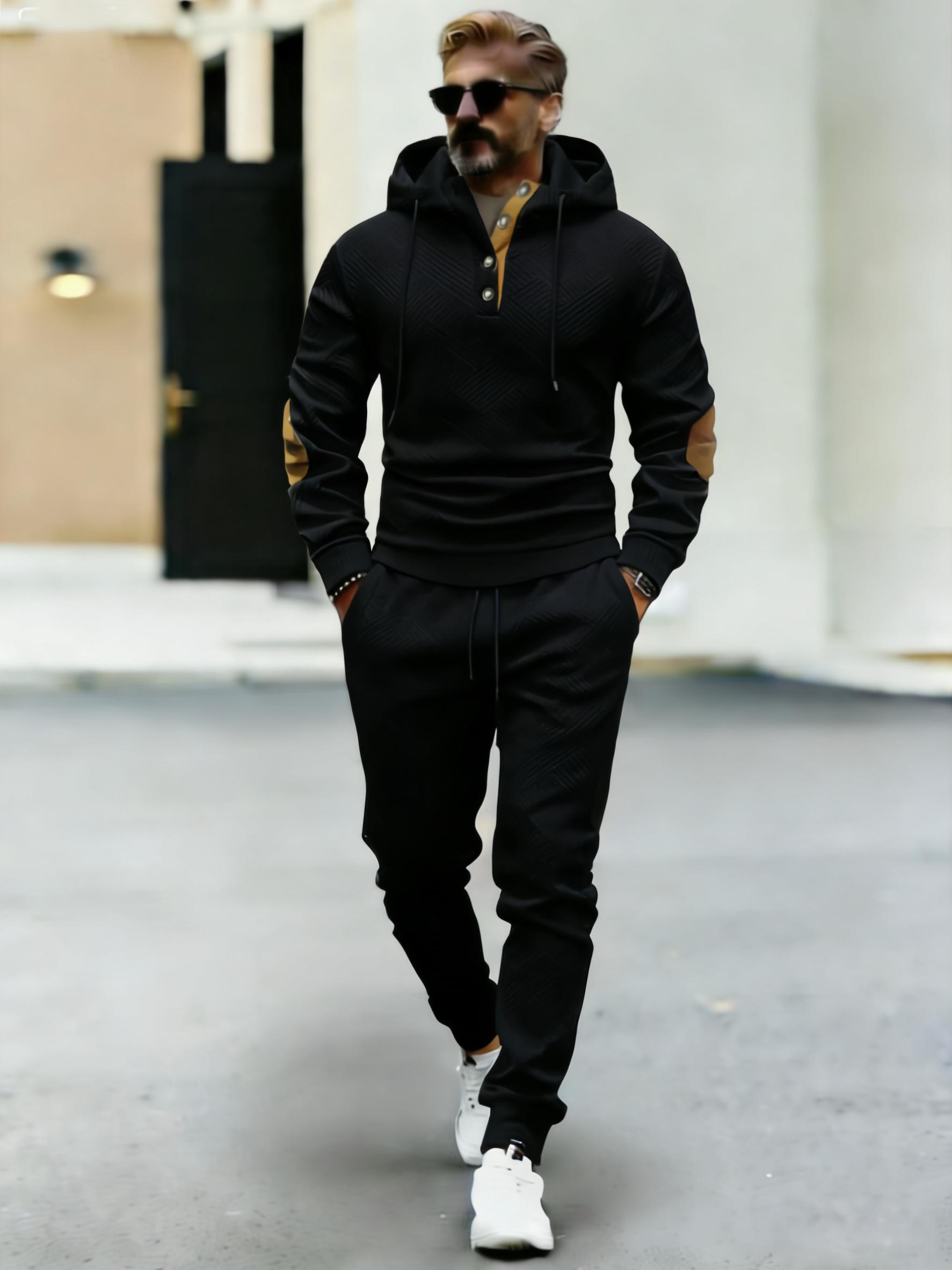 Men's contrasting color hooded sportswear high-quality texture two-piece set