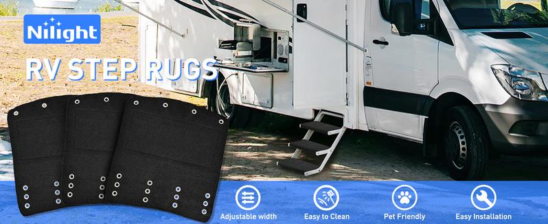 Nilight RV Step Covers 3 Pack 20 inch, Fits 8-10" Deep Camper Steps Adjustable Wrap Around RV Step Rug with Spring Works on Electrical & Manual RV Stairs Carpet for Camper Trailers Steps Outside,Black