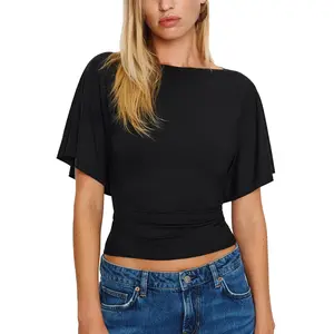 Talakeno Women's Fitted Short-Sleeve Top Casual Boat Neckline Pleated Knit Sweatshirt Stylish Casual T-Shirt