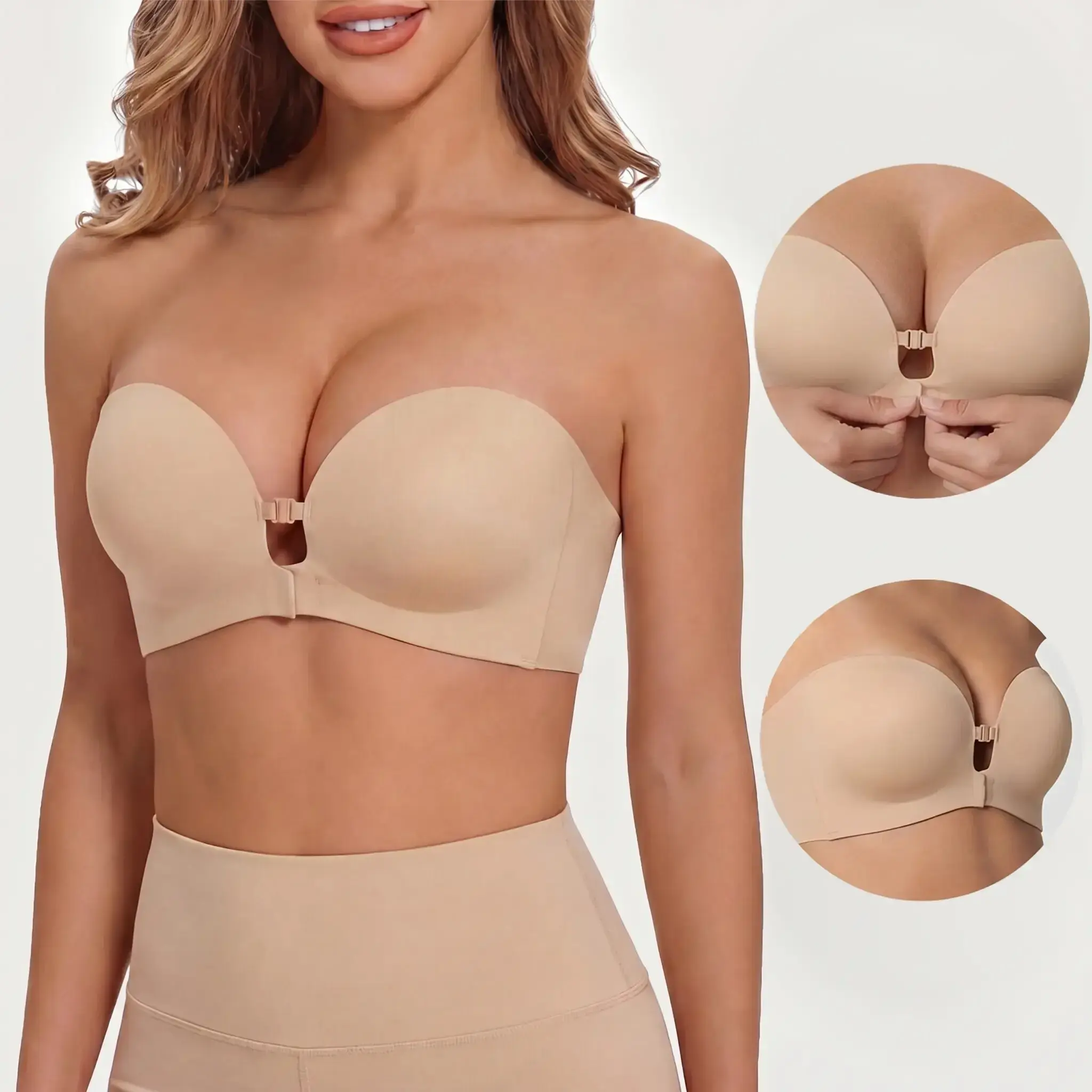Womens Strapless Front Closure Bra Push Up Lift Bra Padded Add Cup Non Slip Anti-Slip Grip & Removable Straps Fit Outfits Wireless Supportive Seamless Comfortable A B C Adjustable Breathable Butterfly Detachable, Spandex, Halter, Fabric
