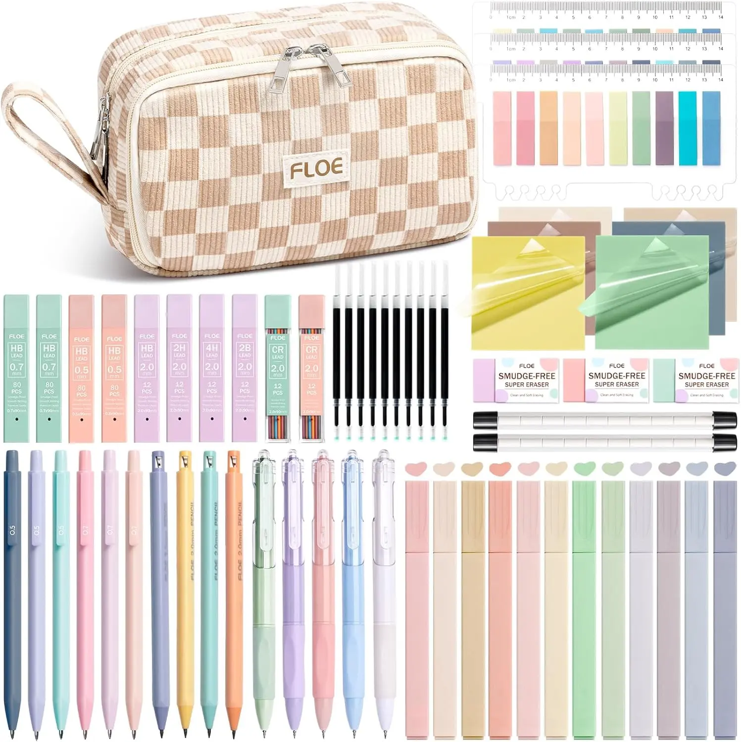 62PCS Aesthetic Stationery Set, Back to School Preppy Look Essentials Kit with Large Pouch, Pastel Highlighters, Gel Pens, Mechanical Pencil Set for Student Girls
