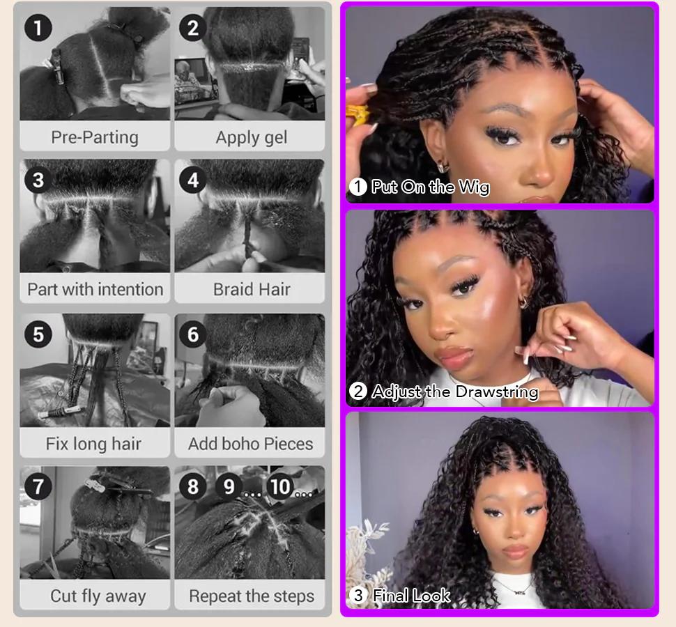 13x6 Boho Curls Braided Wigs Human Hair Pull Go Drawstring Cap HD Full Lace Frontal Wig Knotless Pre Cut Lace