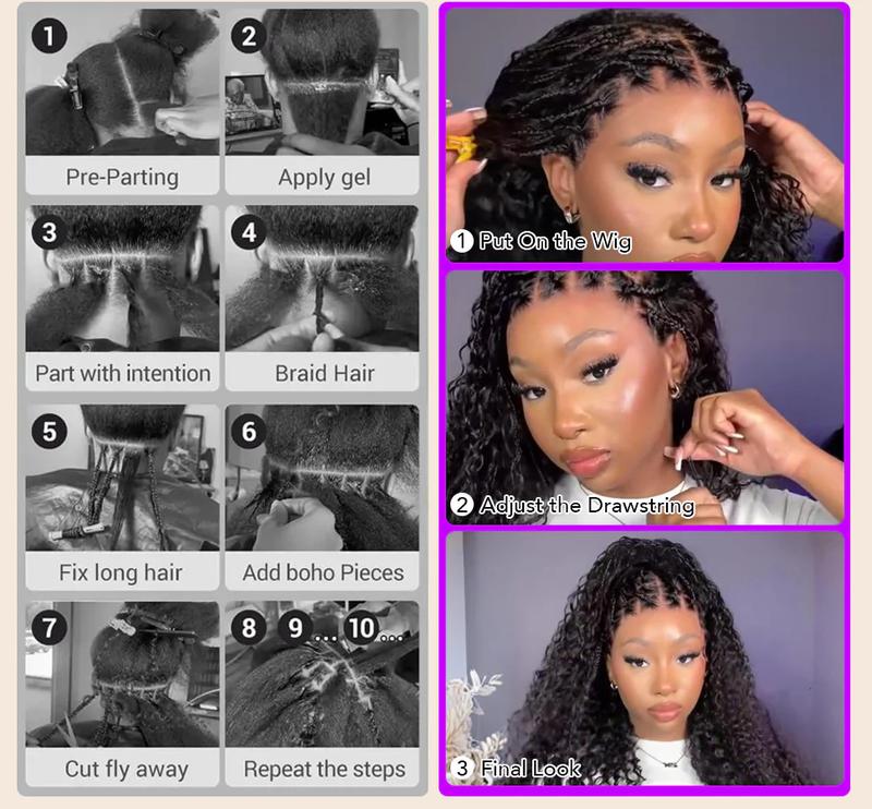 13x6 Boho Curls Braided Wigs Human Hair Pull Go Drawstring Cap HD Full Lace Frontal Wig Knotless Pre Cut Lace