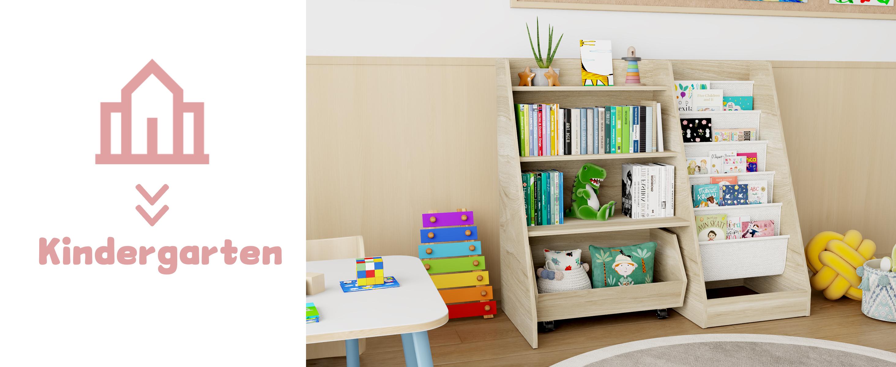 COZPAW Kids Bookshelf and Toy Storage, 4 Tier Toddler Bookshelf with Movable Drawer 5 Sling Pockets, Montessori Book Shelf for Kids Room, Playroom, Nursery (Oak)